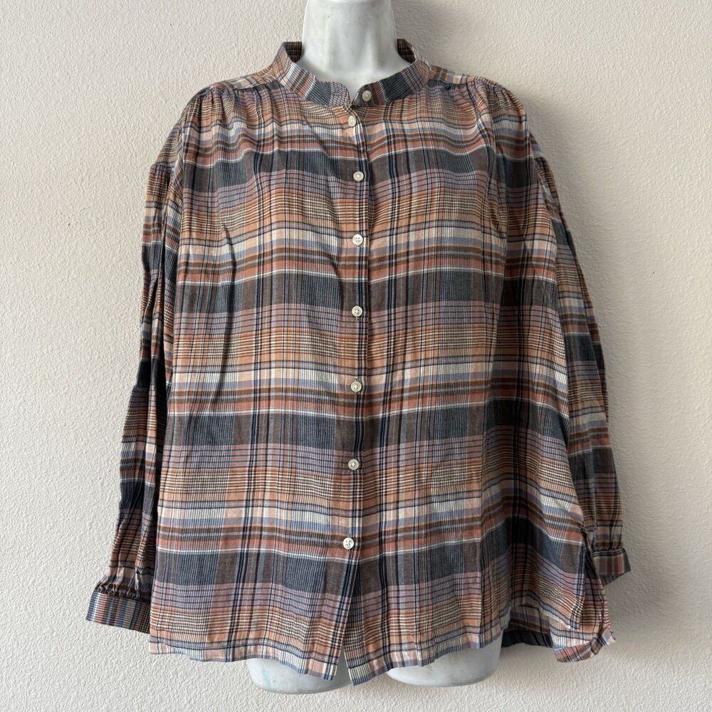 Trovata Birds of Paradis Lily Blouse L Plaid Button Front Cottagecore Boho Top